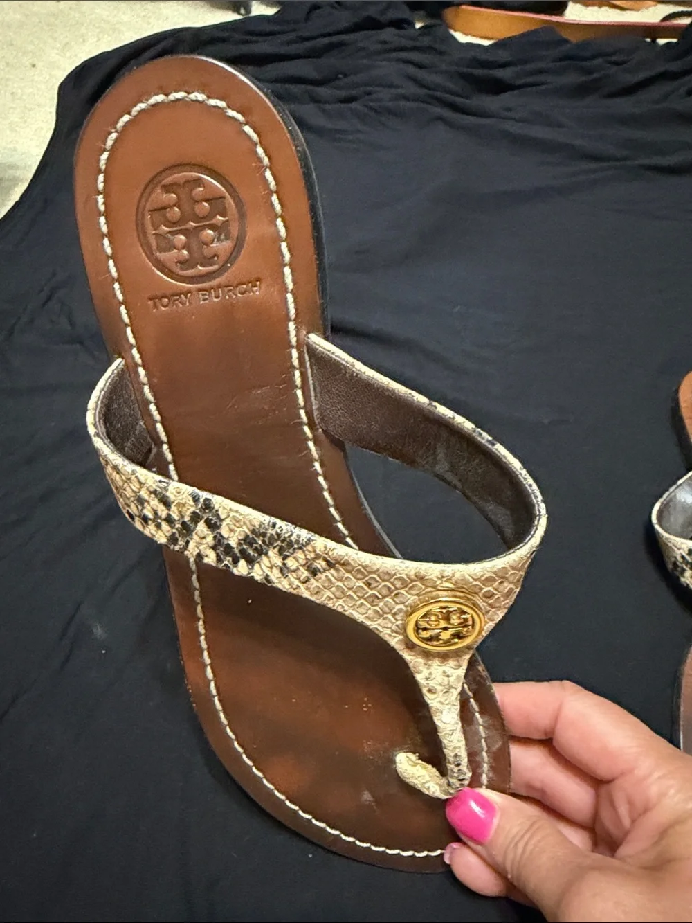 Tory Burch Brown Snakeskin-Pattern Thong Sandals with Gold Logo
